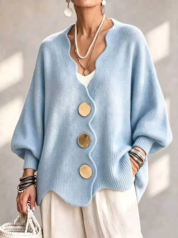 Sky Blue Scalloped-edge ribbed knit oversized button-down cardigan