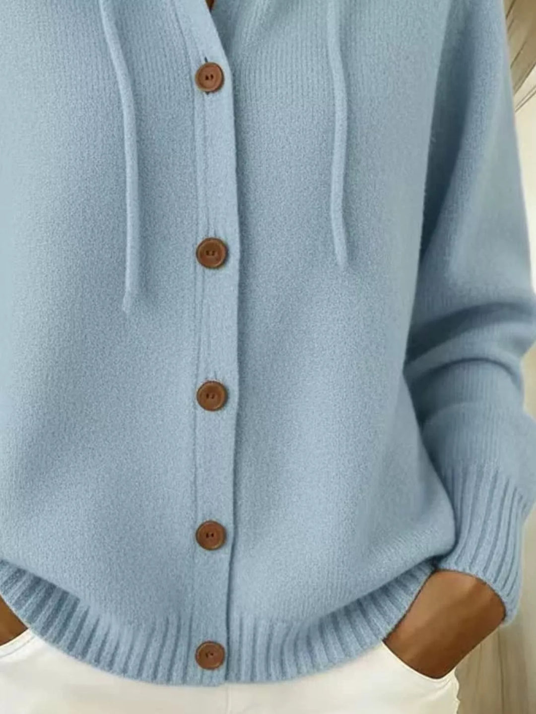 Hooded button-down knit cardigan with drawstring