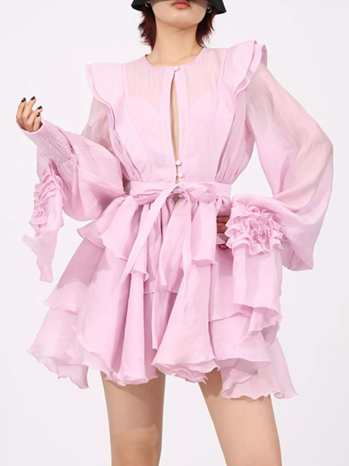Tiered ruffle chiffon mini dress with puff sleeves