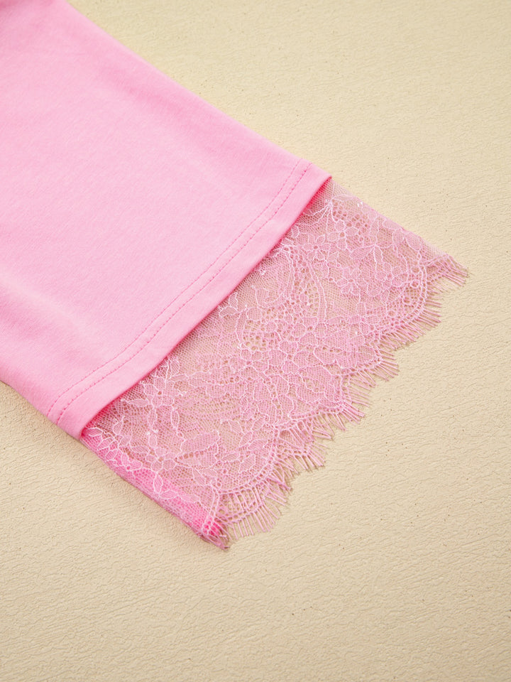Oversized tee with floral lace back and sleeve trim