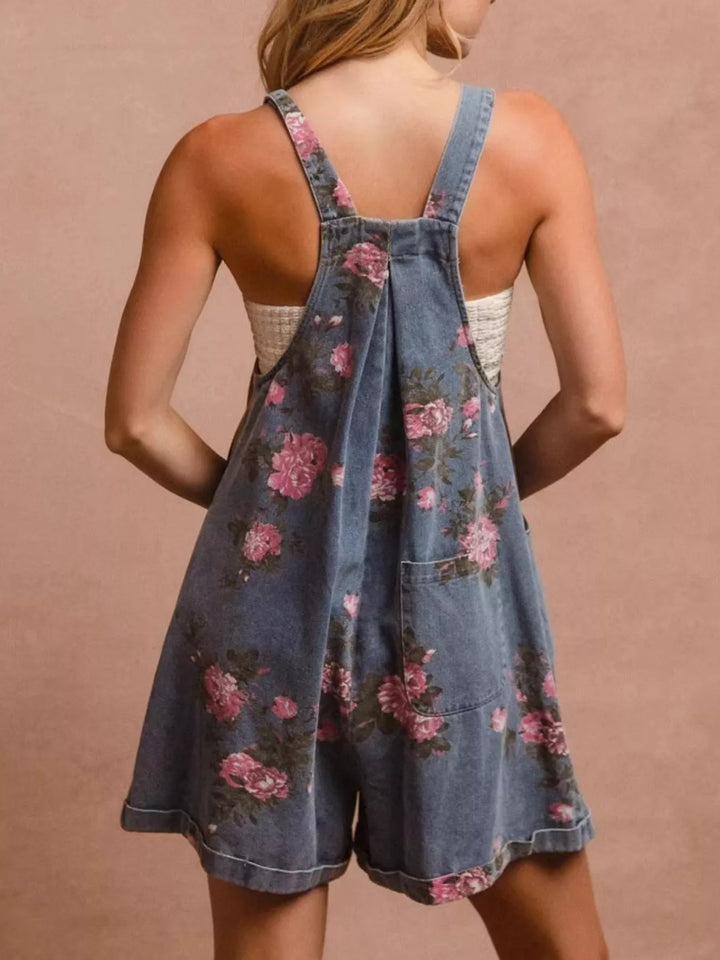 Floral print denim overall pinafore mini dress