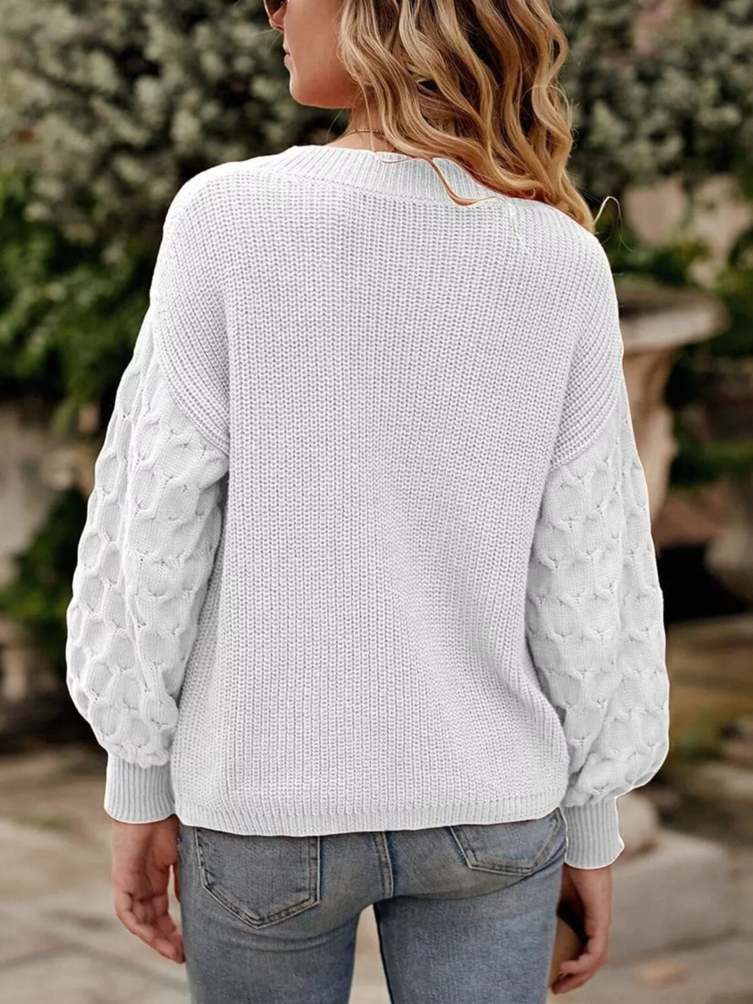 Textured drop-shoulder crew neck knit sweater