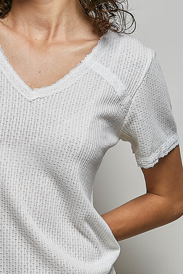 Lace-trim textured knit V-neck short sleeve top