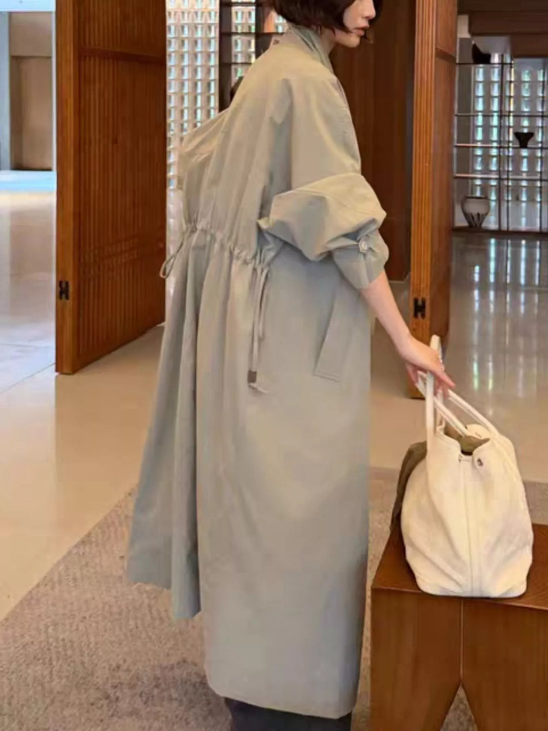 Drawstring open front longline trench coat