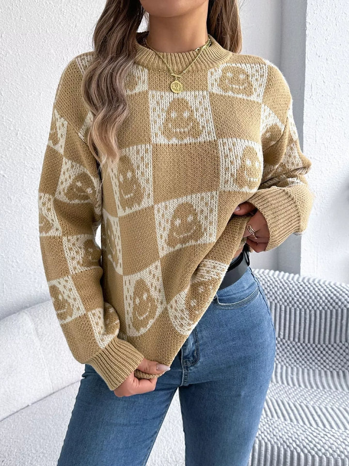 Checkered ghost print crew neck sweater with ribbed cuffs