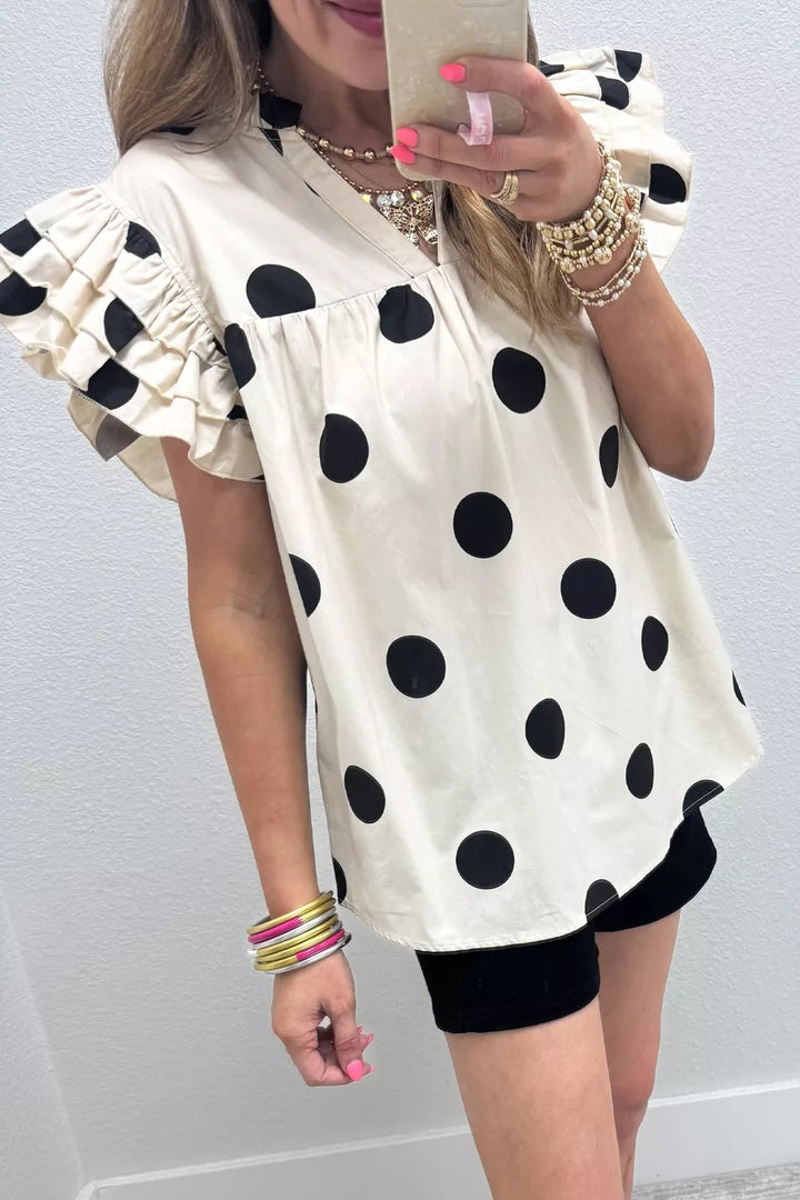 Polka dot ruffle flutter sleeve split V-neck blouse