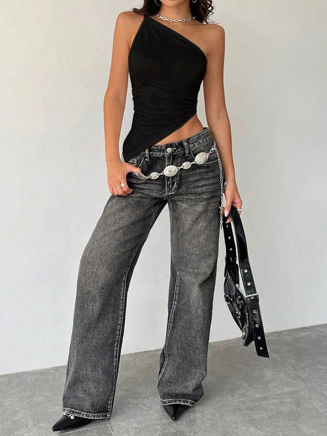 Fitted one-shoulder cami with asymmetric hem