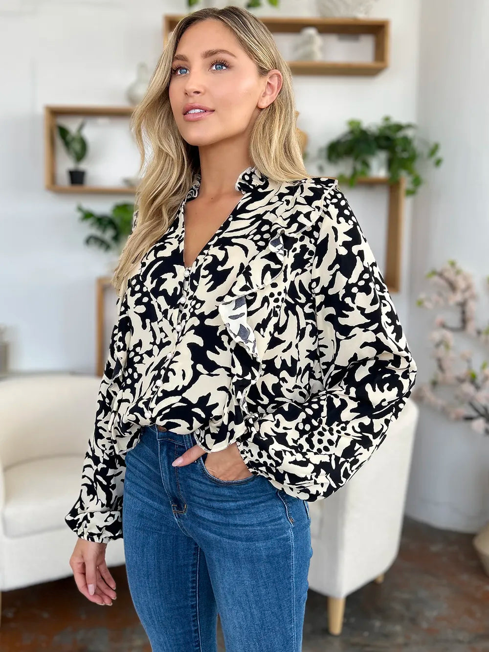 Printed balloon sleeve button-down shirt with ruffle trim
