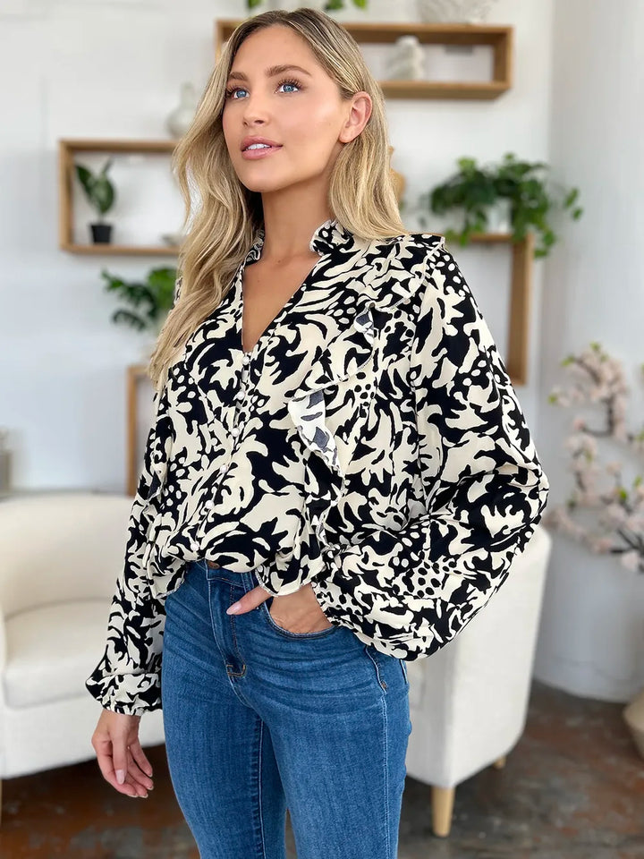 Printed balloon sleeve button-down shirt with ruffle trim