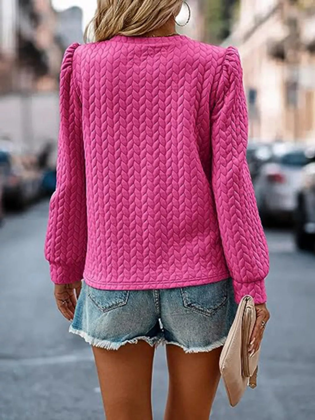 Textured cable-knit puff sleeve pullover top