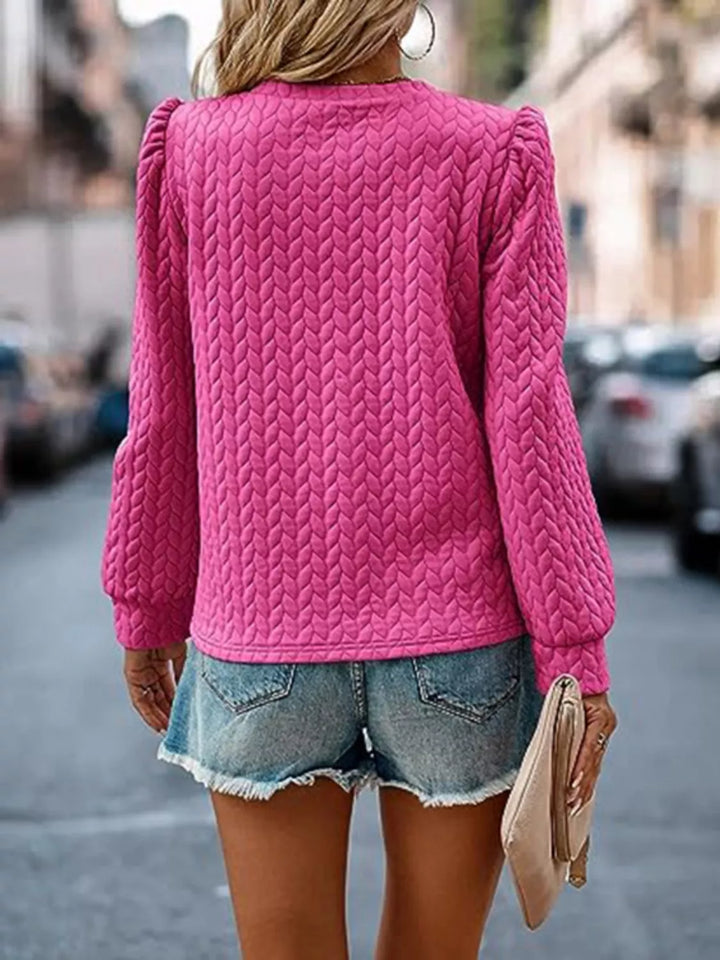 Textured cable-knit puff sleeve pullover top