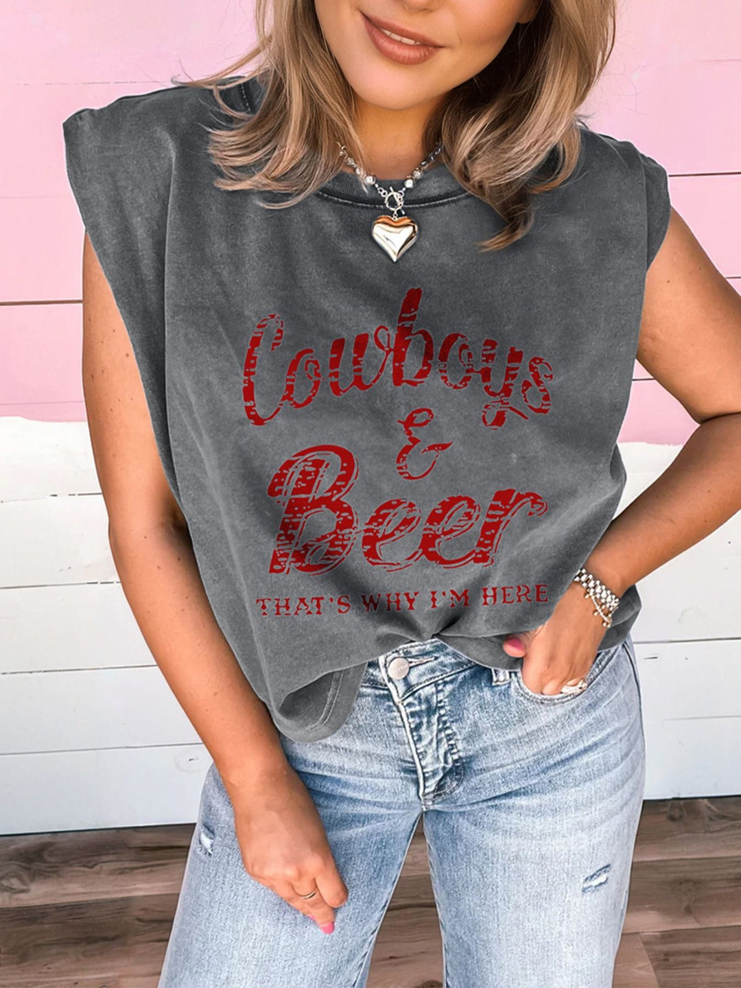 Cowboys &amp; Beer western graphic mineral wash tank top