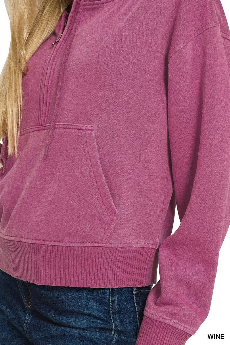Pigment-dyed fleece half-zip hoodie with kangaroo pocket