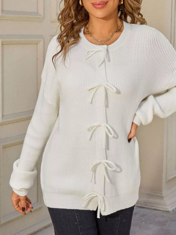 Ribbed knit bow-tie button-front cardigan