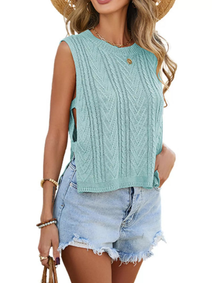 Cable knit sleeveless sweater vest with side slits