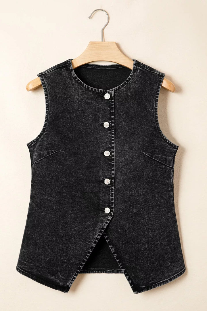 Vintage wash sleeveless button-down denim vest