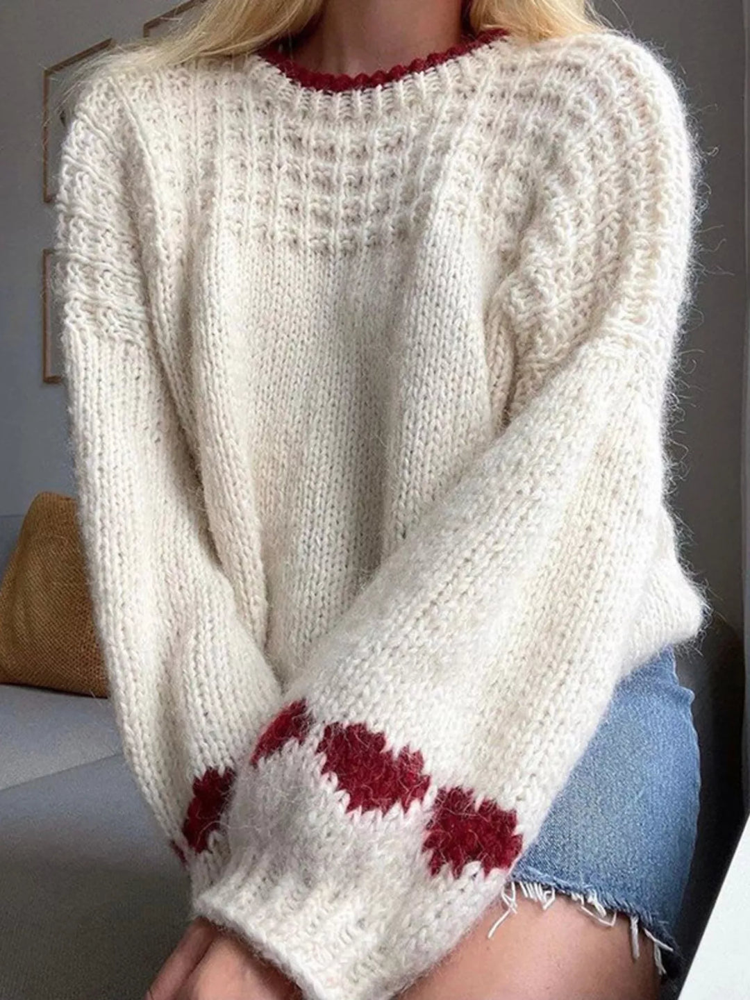 Ivory White Chunky knit sweater with heart cuffs and contrast trim