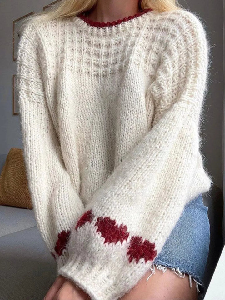 Ivory White Chunky knit sweater with heart cuffs and contrast trim