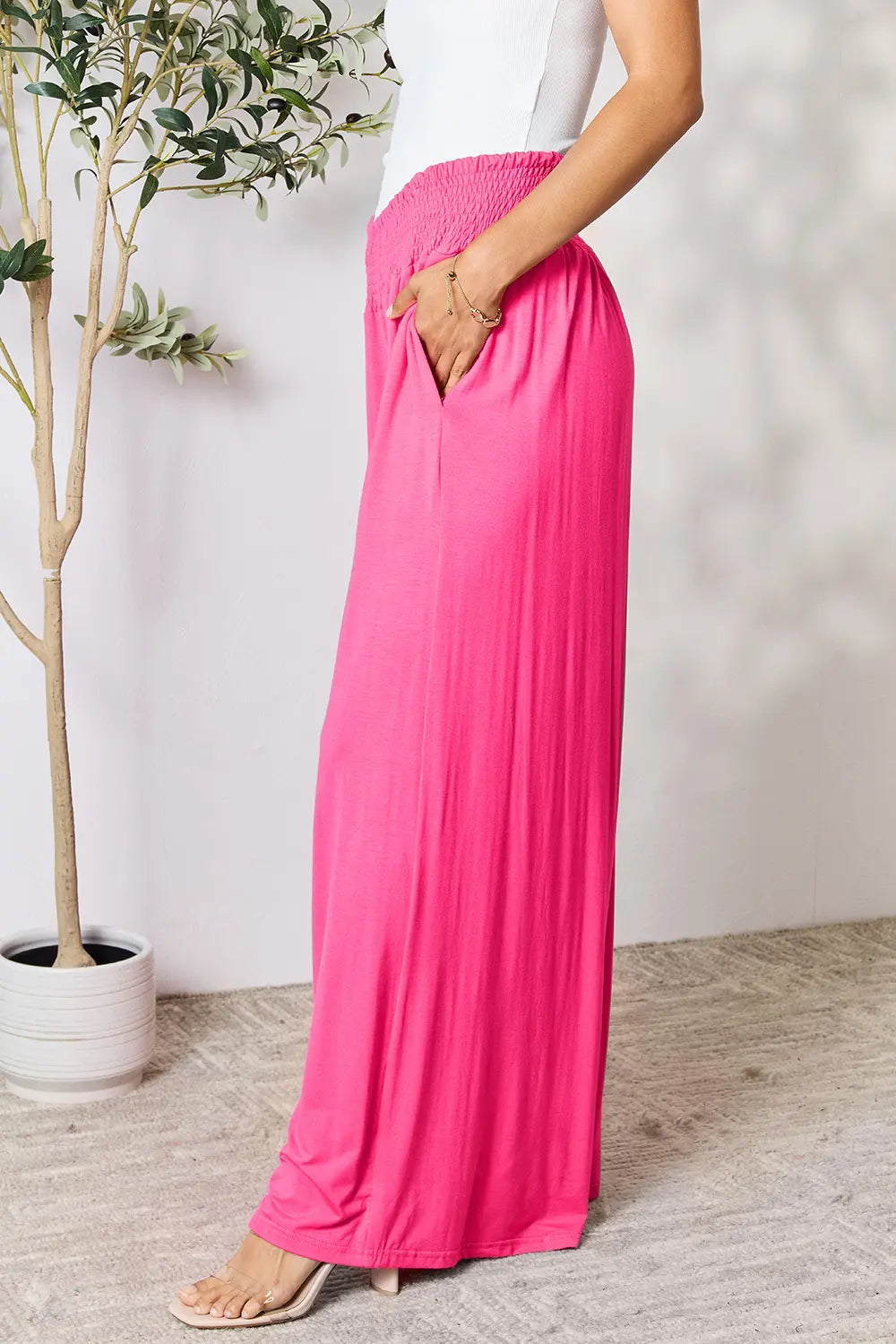 Smocked wide-waistband wide-leg jersey pants with pockets