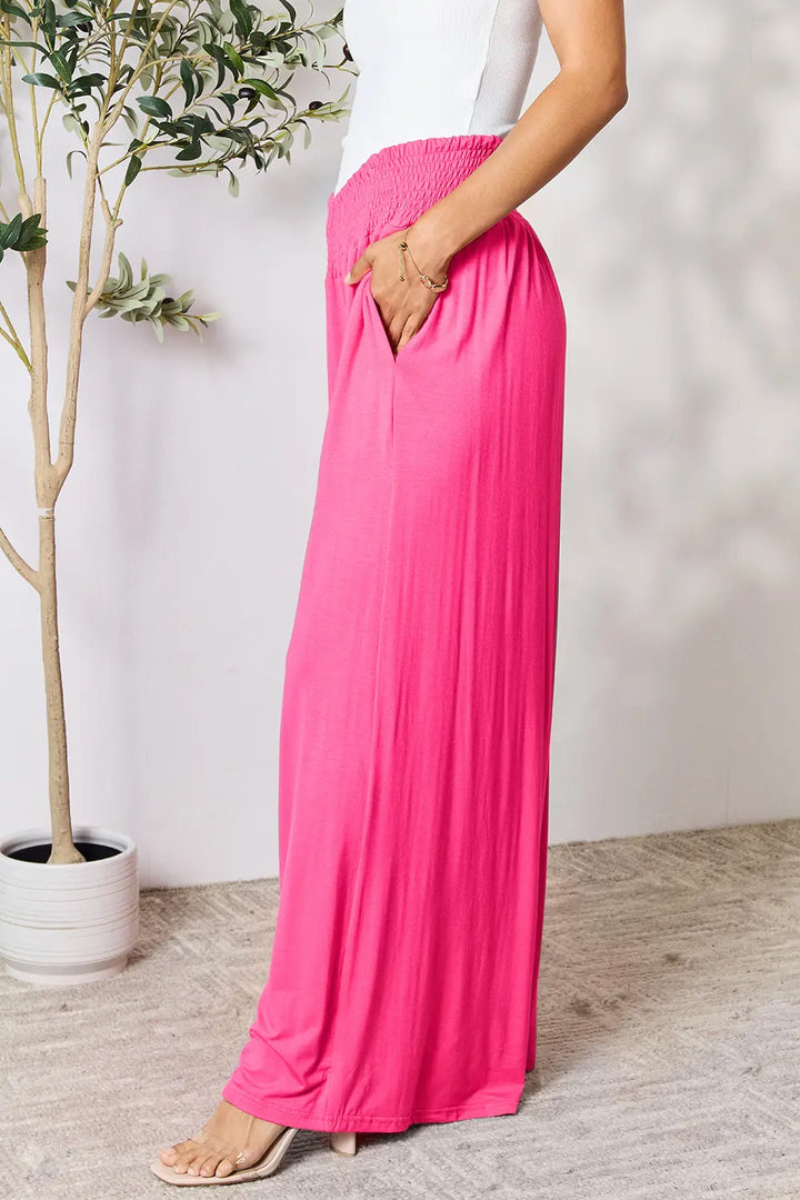 Smocked wide-waistband wide-leg jersey pants with pockets