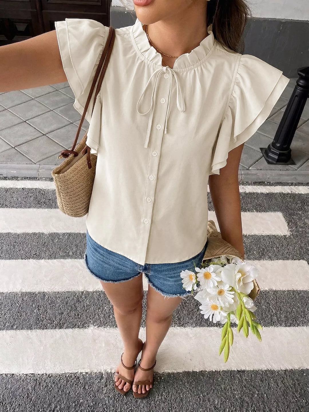 Ruffle sleeve tie-neck button-down blouse