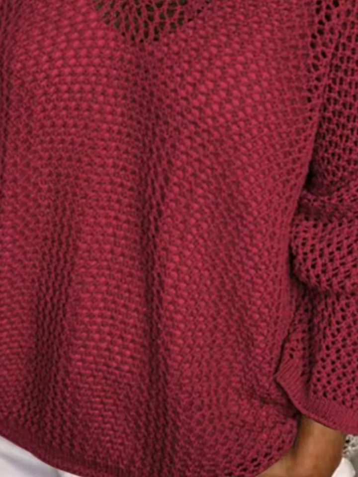 Openwork knit hooded pullover cover-up with V-neck