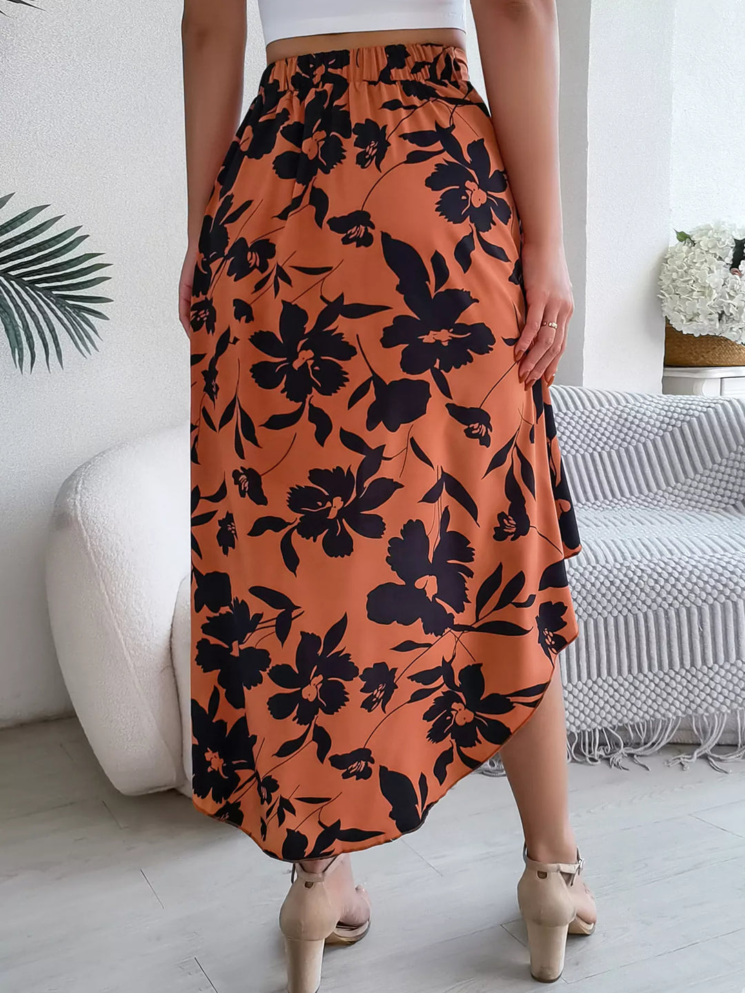 Floral print asymmetrical ruffle hem midi skirt