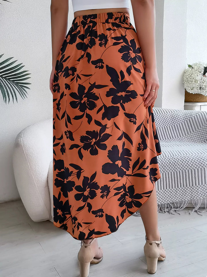 Floral print asymmetrical ruffle hem midi skirt