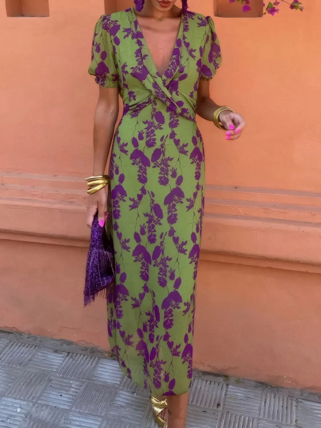 Floral print plunge midi dress with twist front and puff sleeves