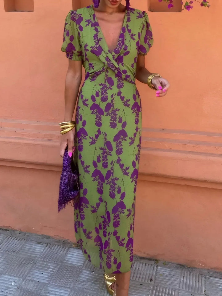Floral print plunge midi dress with twist front and puff sleeves