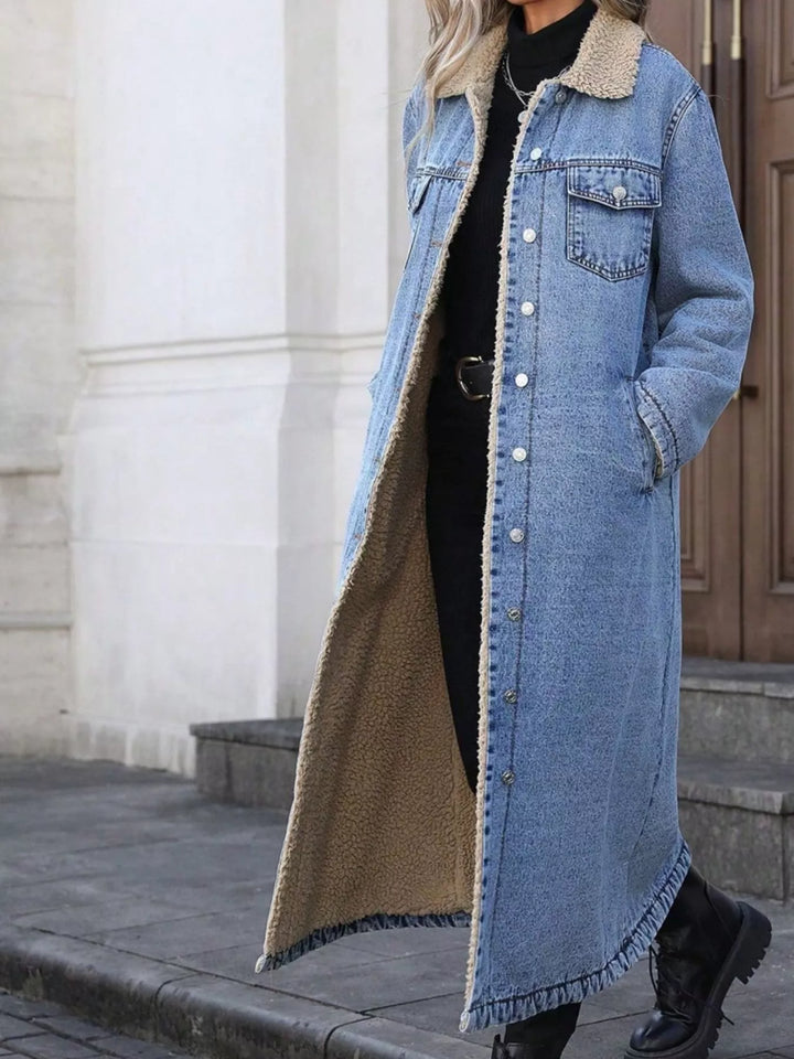 Sherpa-lined longline button-front denim jacket