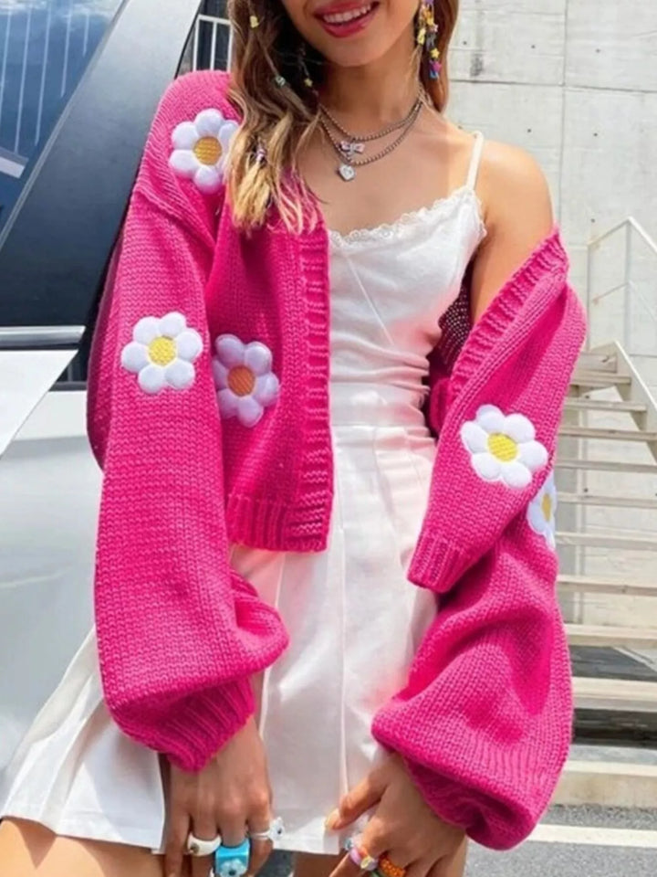 Fuchsia Pink Daisy appliqué open front chunky knit cardigan