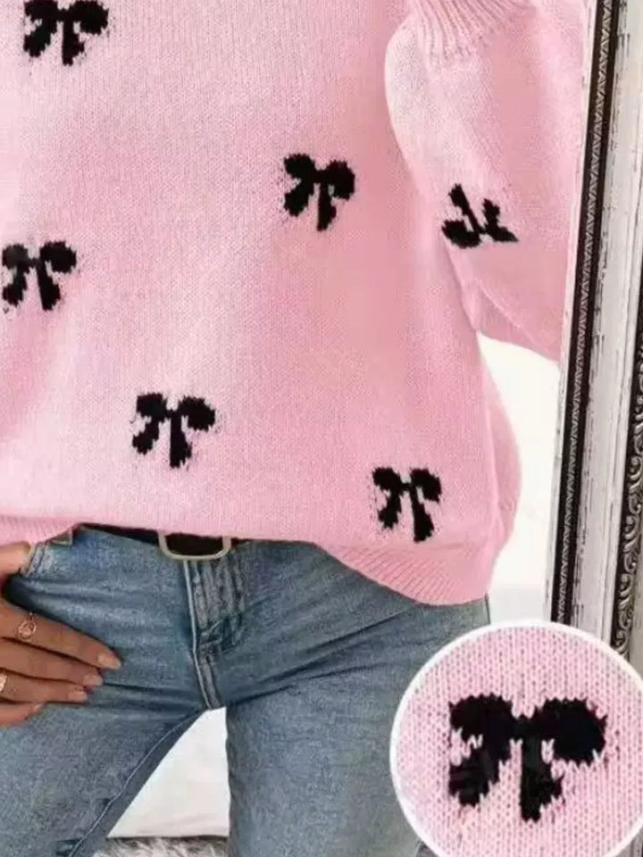 Bow print drop shoulder crew neck sweater