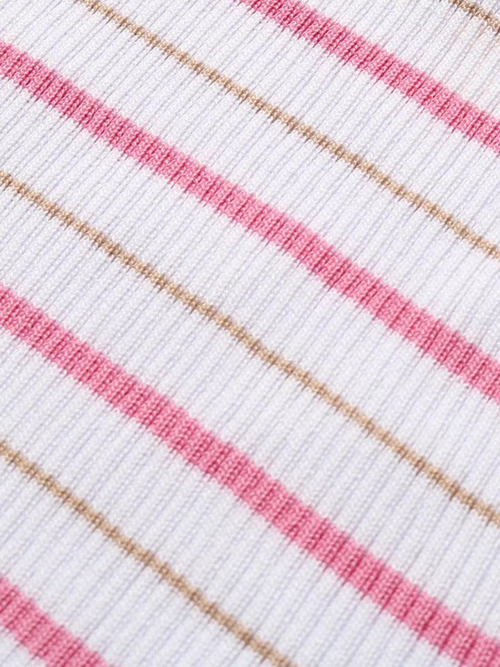 Ribbed striped tube top with lettuce-edge trim