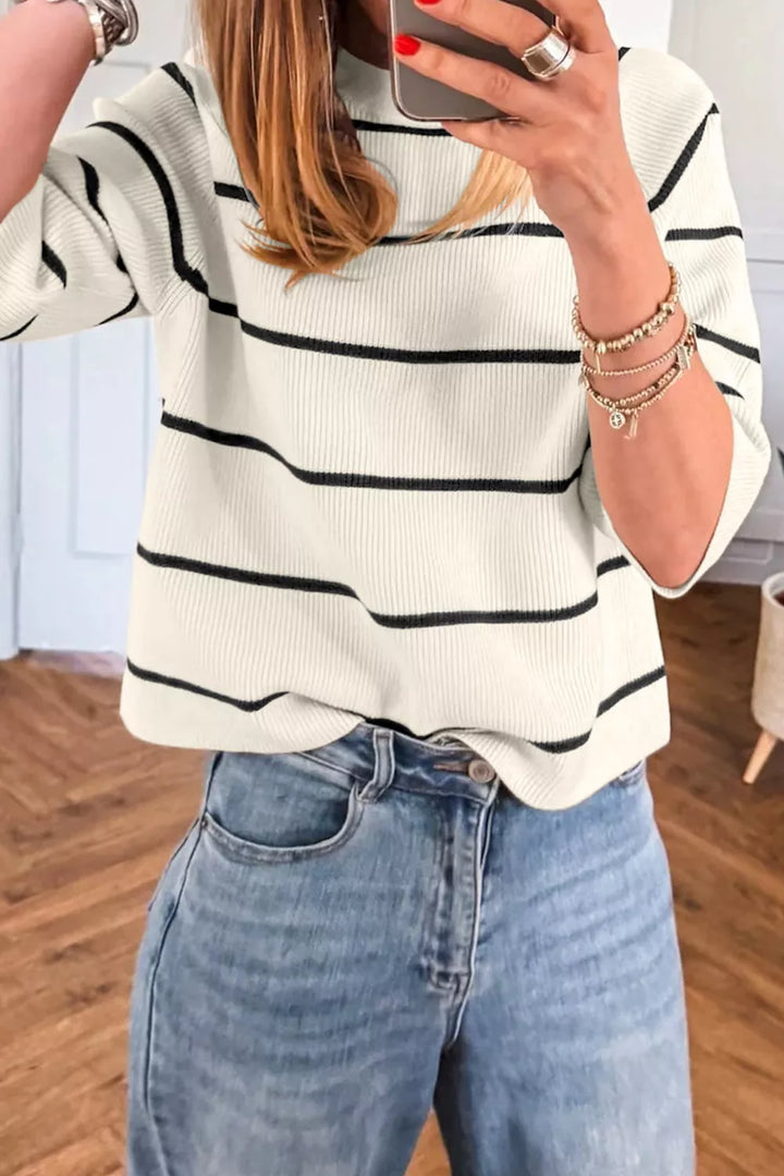 Striped ribbed knit pullover with three-quarter sleeves