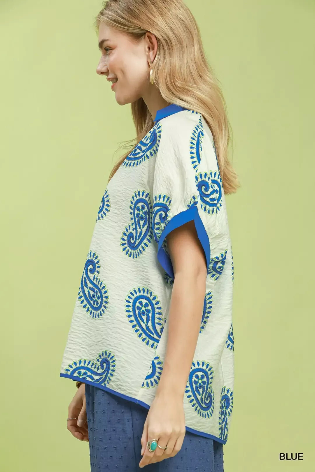 Paisley print contrast-trim short sleeve blouse