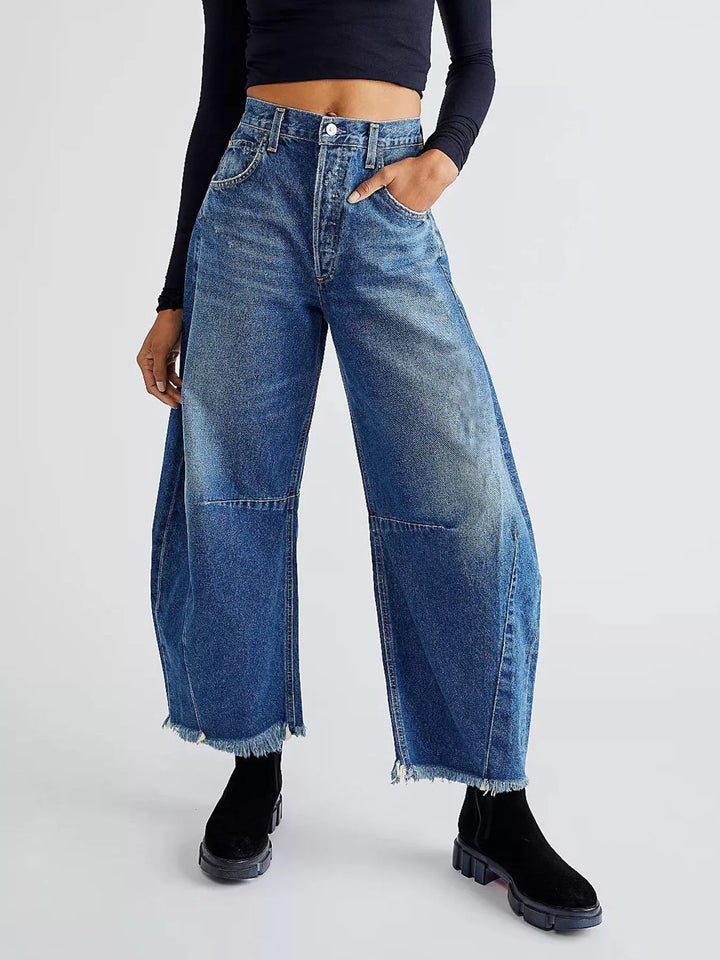 Blue High-rise barrel-leg jeans with raw frayed hem