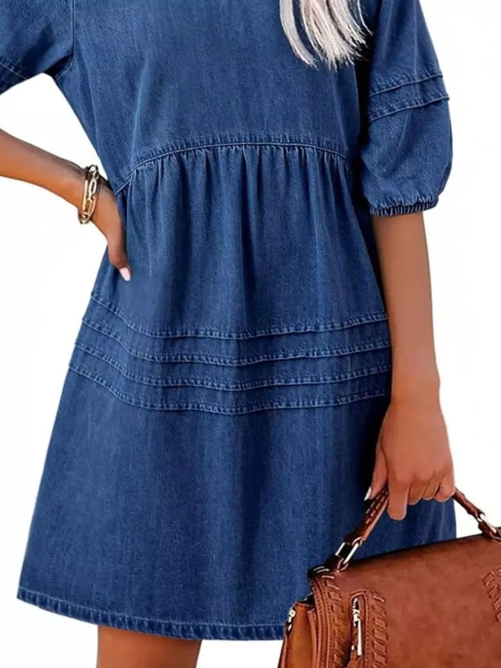 V-neck puff sleeve denim mini dress with pintuck pleating