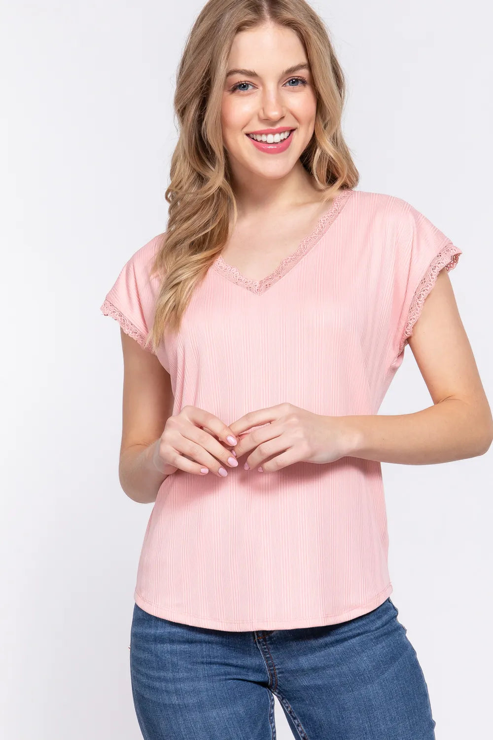 PINK Lace trim V-neck ribbed short sleeve top