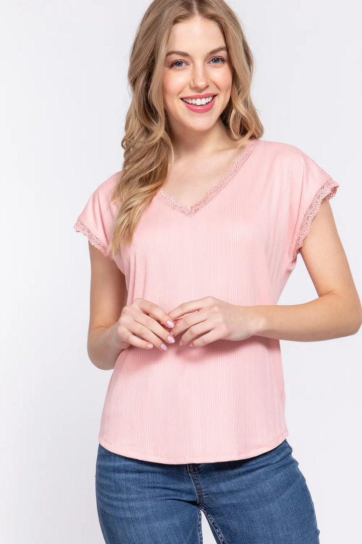 PINK Lace trim V-neck ribbed short sleeve top