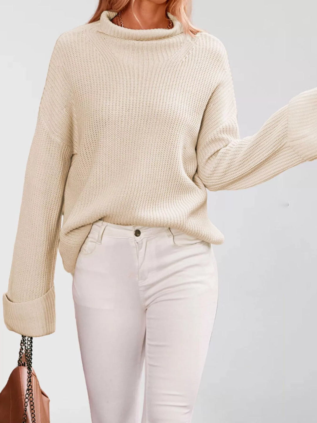 Apricot Oversized ribbed mock neck drop shoulder sweater