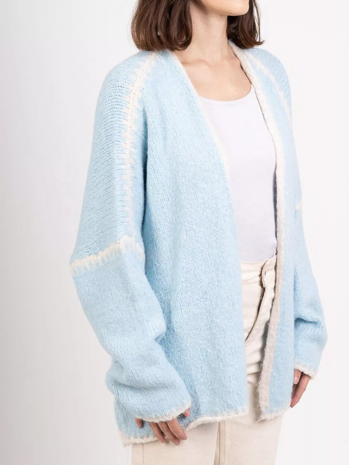 Contrast whipstitch trim open front knit cardigan
