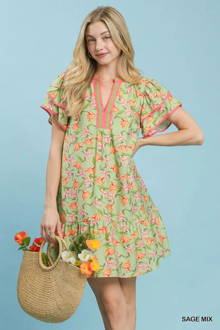 SAGE MIX Floral tiered mini dress with flutter sleeves and split V-neck