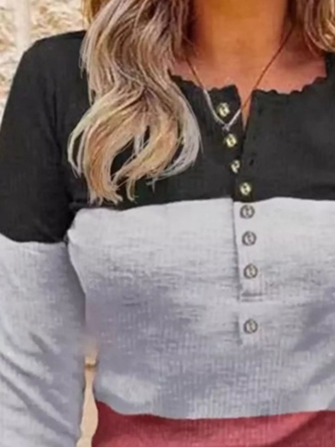 Color block henley top with lace-trim sleeves