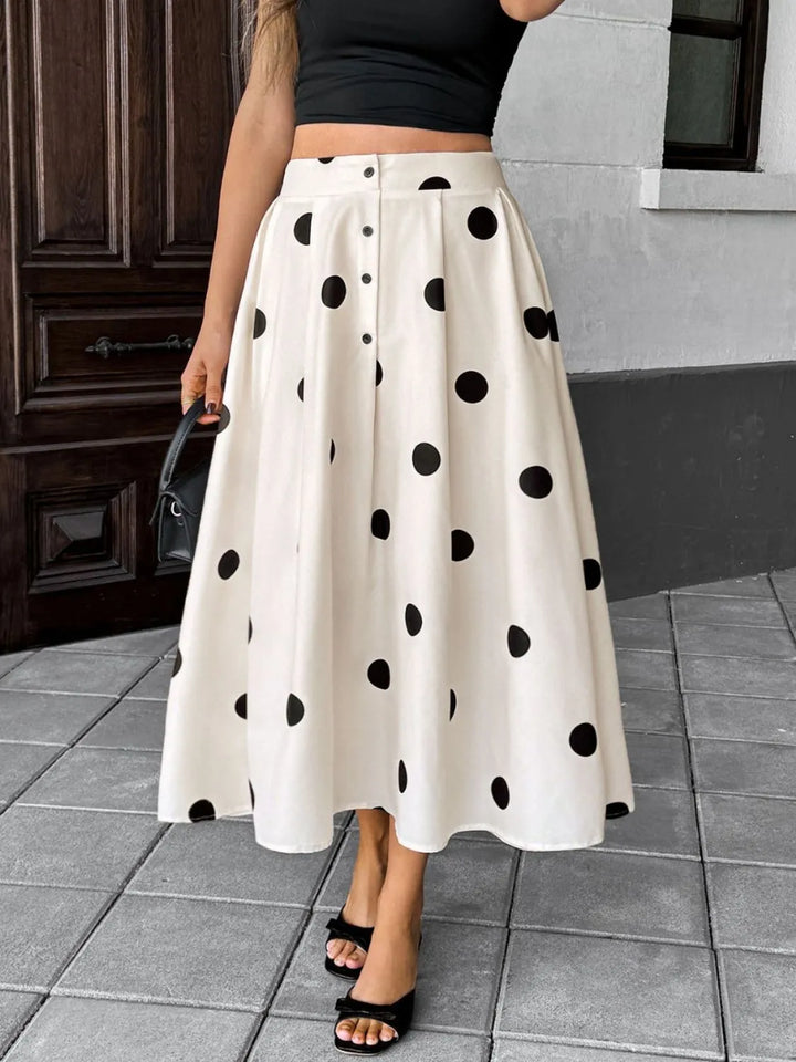 Cream Pleated polka dot button-front midi skirt