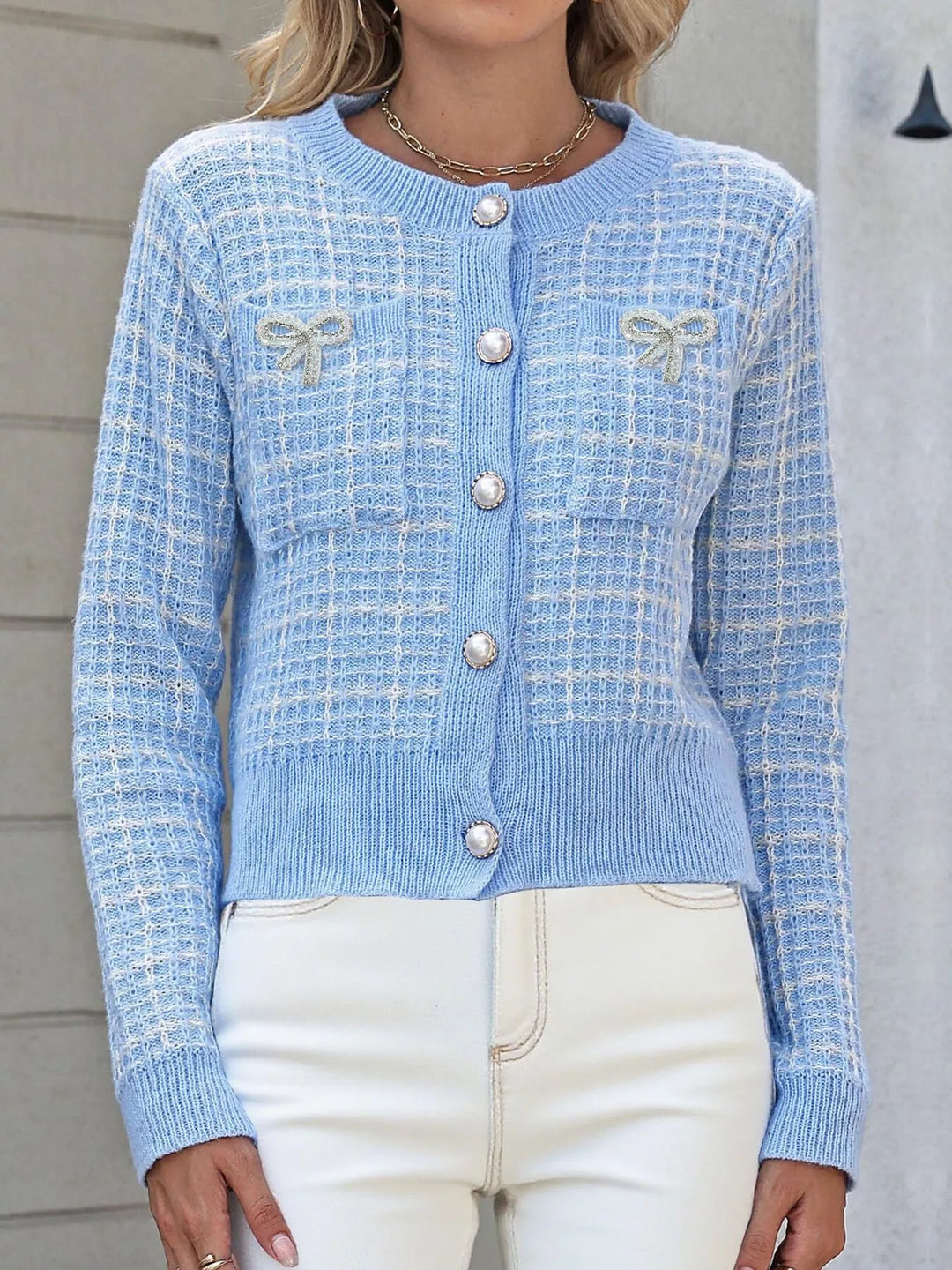 Plaid tweed knit cardigan with pearl buttons and bow patches