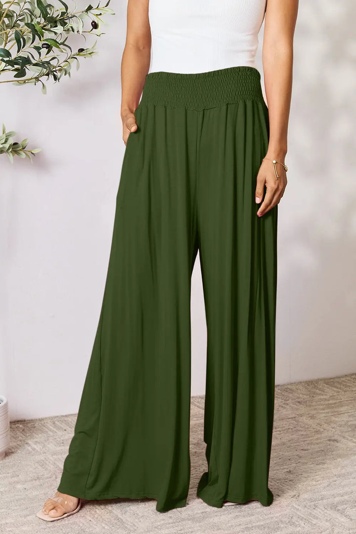 Army Green Smocked wide-waistband wide-leg jersey pants with pockets
