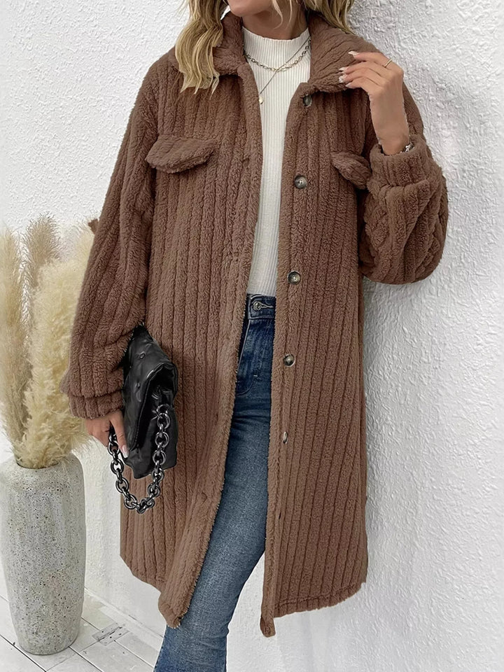 Ribbed fleece longline button-down coat with flap pockets