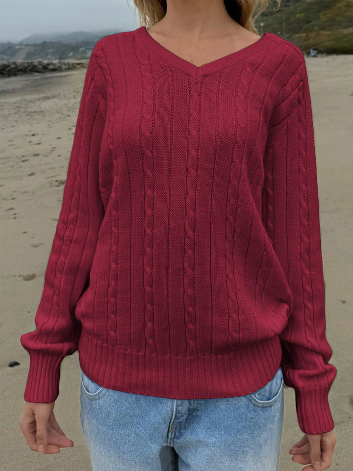 Cable knit V-neck pullover sweater with ribbed trim