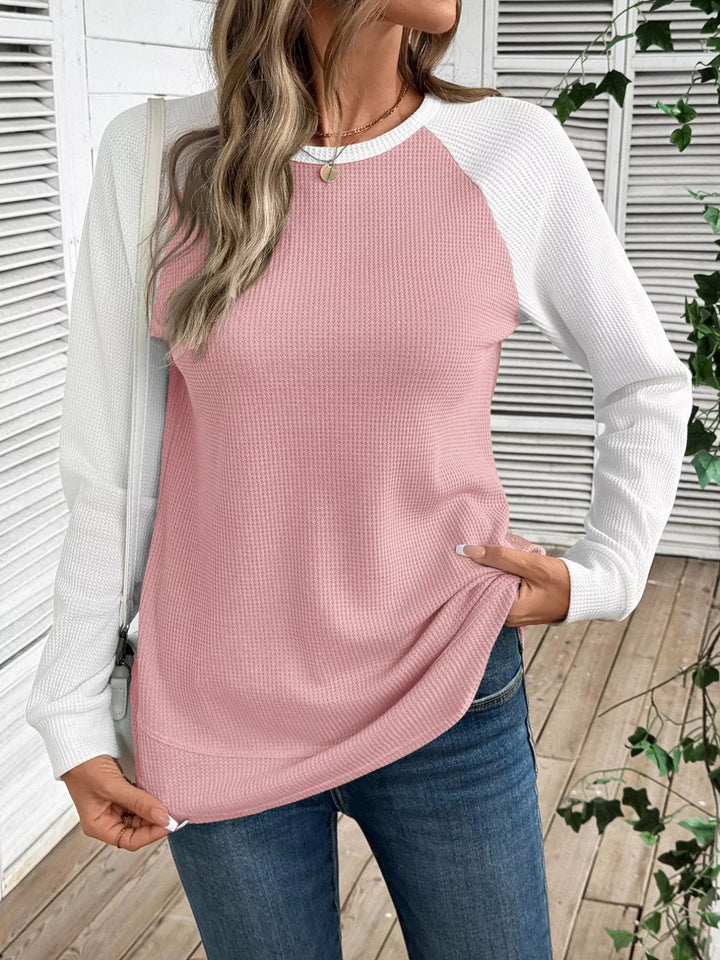 Contrast raglan waffle knit long sleeve top